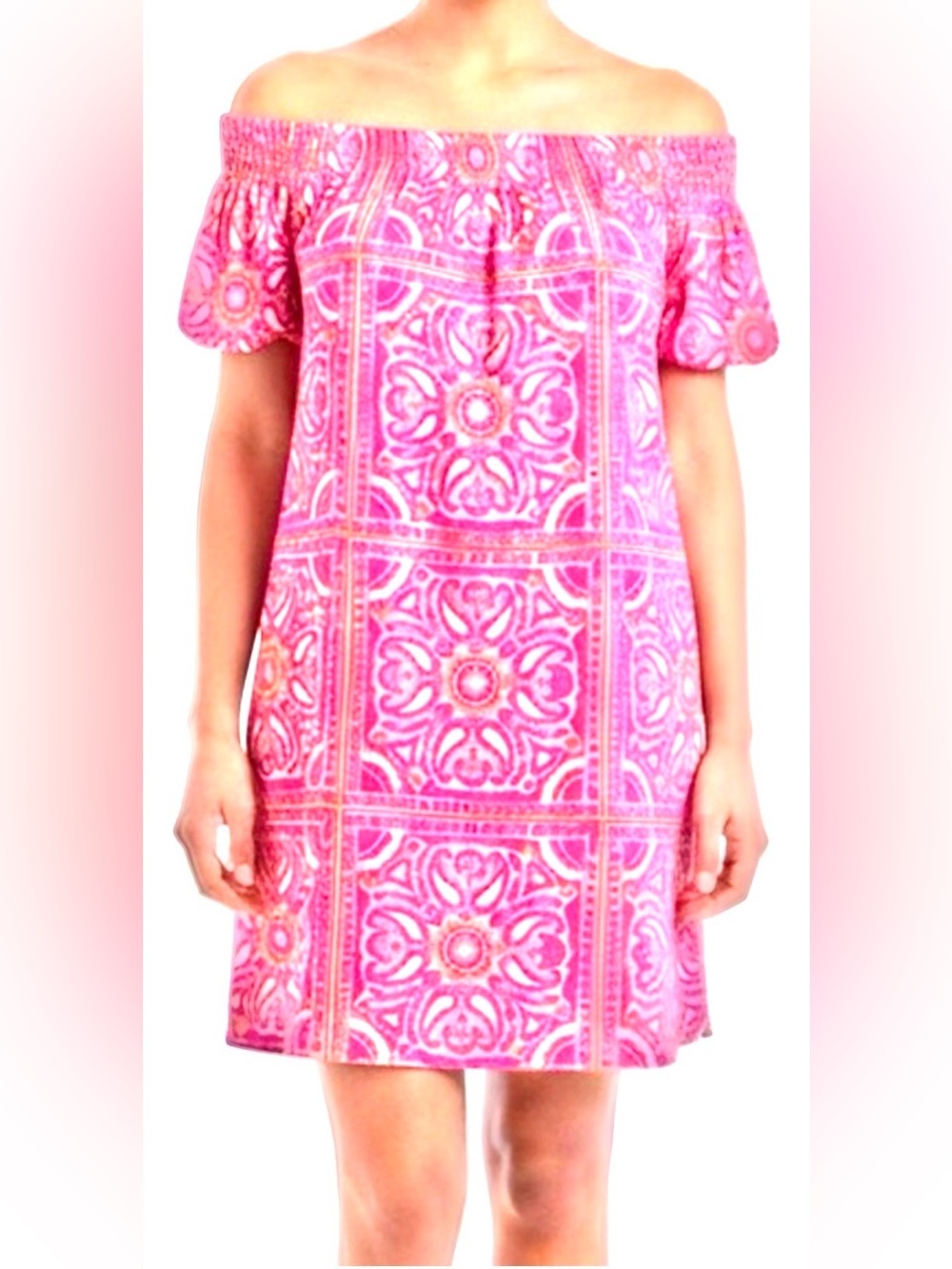 Vineyard Vines Island Scarf Print Off Shoulder Shift Dress Pink Cotton M NWOT
